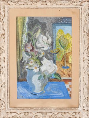 a painting of flowers in a vase on a table
