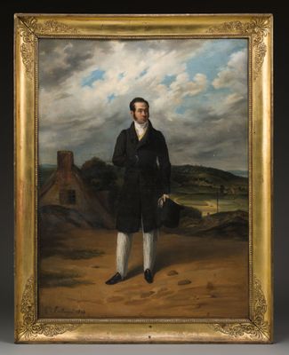 a painting of a man in a black coat and white pants