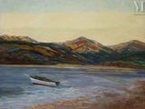 a painting of a boat on the water with mountains in the background