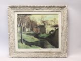 an image of a painting of a country road with a barn in the background