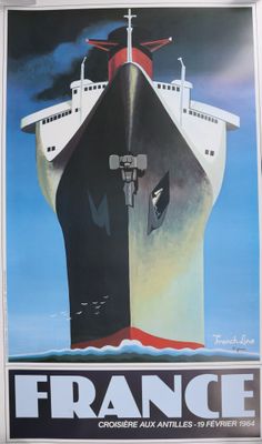 tableau représentant un grand bateau flottant sur l'océan, avec le ciel en arrière-plan