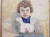 tableau représentant une femme assise à une table, avec une boîte devant elle
