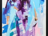 a painting of purple and blue abstract figures on a white background