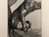 a drawing of a tiger sitting on a tree branch