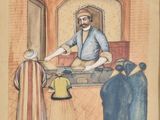 tableau représentant un homme servant à manger à un groupe de personnes dans une pièce