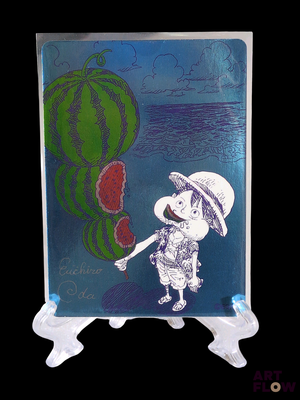 une plaque de verre sur laquelle est représenté un enfant tenant une pastèque