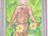 un tableau représentant un bébé avec un vase bleu et des fleurs jaunes