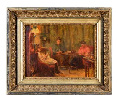 une peinture représentant un groupe de personnes assises autour d'une table
