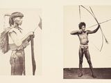 two black and white photographs of a man with a bow and arrow