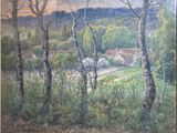 painting of a landscape with trees and a house in the distance