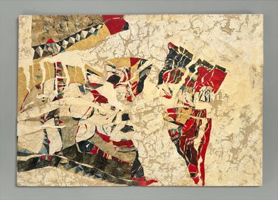 peinture abstraite représentant un homme avec un cerf-volant sur fond beige