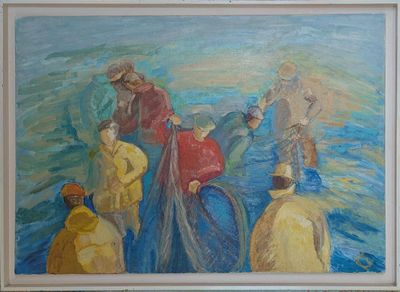 un tableau représentant un groupe de personnes debout dans l'eau