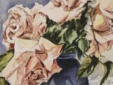 a painting of roses in a blue vase on a table