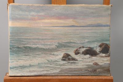 an oil painting of a beach scene with rocks in the water
