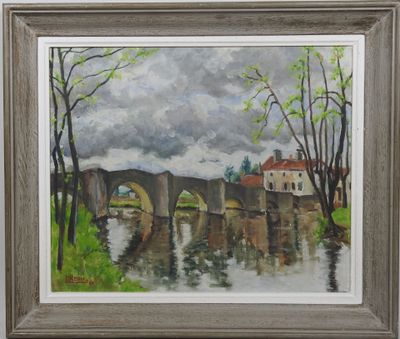 une peinture à l'huile représentant un pont sur une rivière avec un bâtiment à l'arrière-plan