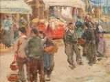 une peinture à l'huile représentant un groupe de personnes marchant dans une rue