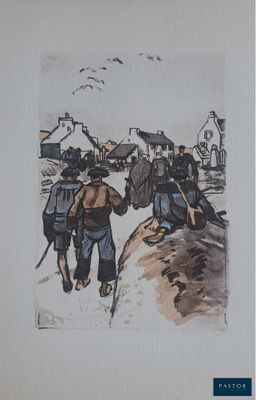 un tableau représentant deux hommes marchant sur un chemin de terre