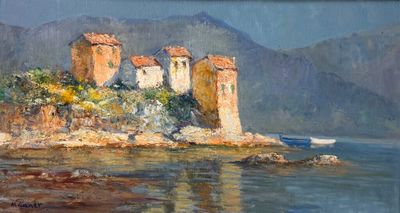 une peinture à l'huile représentant un château situé sur une petite île, avec un bateau dans l'eau
