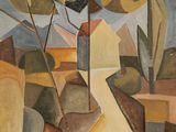 une image d'un tableau représentant un paysage avec des arbres et des bâtiments