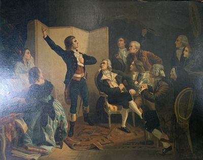 a painting of a man standing in front of a group of people