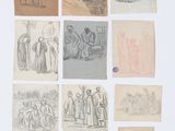 Plusieurs dessins représentant des personnes et des animaux figurent sur une feuille de papier.