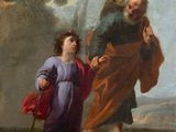 an image of a painting of a man holding a child ' s hand