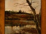 an image of a painting of a river with a tree in the foreground