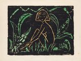 an image of a black and green painting of a woman in the grass