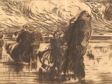 une image représentant un dessin d'un groupe de personnes marchant sur une plage