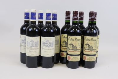 six bottles of wine are lined up in a row on a white surface