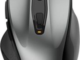 the computer mouse is silver and has a black button