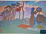 a picture of a painting of a woman and a horse