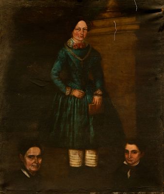 un vieux tableau représentant un homme vêtu d'une robe verte et trois autres hommes