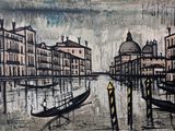 a painting of gondolas on the water with buildings in the background