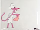 dessin d'animation représentant une panthère rose coiffée d'une toque de chef et tenant un sac rose