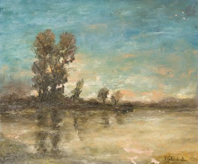 une peinture à l'huile représentant une rivière avec des arbres et des oiseaux volant au-dessus de l'eau