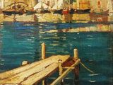 painting of boats docked in a harbor with buildings in the background