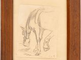 un vieux dessin représentant un cheval en train de brouter, dans un cadre en bois