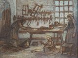 a painting of a man and a woman in a workshop