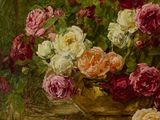 a painting of roses in a vase on a table