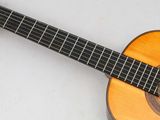 a close up of a guitar on a white surface