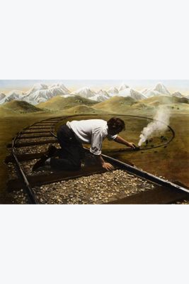 a painting of a man kneeling on a train track with a smoke coming out of it