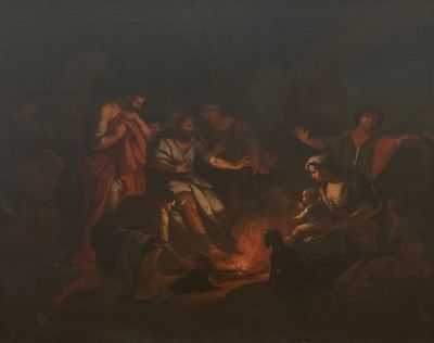 an image of a painting of a group of people sitting around a fire