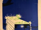 a picture of a painting of a bird flying over a building