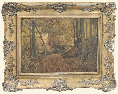 an image of a painting of a wooded scene with a man and a dog