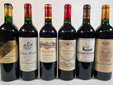 six bouteilles de vin sont alignées sur une surface blanche
