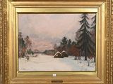 a painting of a snowy landscape with a barn in the foreground
