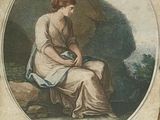 tableau représentant une femme assise sur un rocher dans un environnement boisé