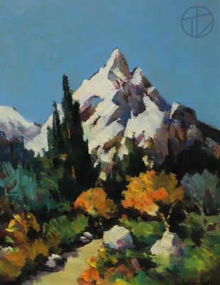 une peinture représentant une montagne avec des arbres et des buissons au premier plan