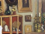 a painting of a white cat sitting on a chair in a living room